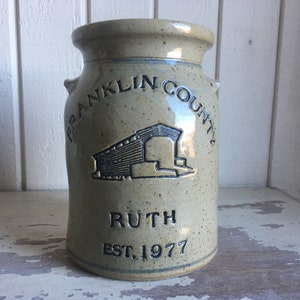 Personalized pottery Stoneware Anniversary Crock w/ 2nd Bottom Line featuring CoveredBridge KissingBridge image 1