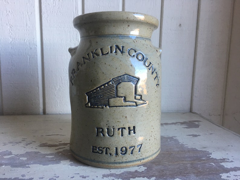 Personalized pottery Stoneware Anniversary Crock w/ 2nd Bottom Line featuring CoveredBridge KissingBridge image 1