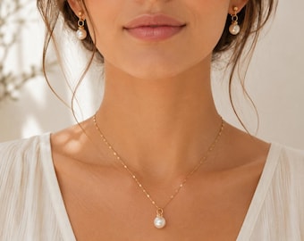 Gold Pearl Jewelry Set | Pearl Bridal Jewelry Set | Bridesmaid Jewelry Set | Pearl Earrings Dangle | Gold Pearl Necklace for Women