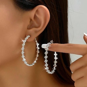 Silber Strass Creolen | Mutige Statement Schmuck | Silber Geometrische Creolen | Moderne Silber Creolen | Große Silber Creolen | Geschenk für Sie