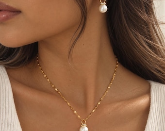 Gold Pearl Jewelry Set | Pearl Bridal Jewelry Set | Bridesmaid Jewelry Set | Pearl Earrings Dangle | Gold Pearl Necklace for Women