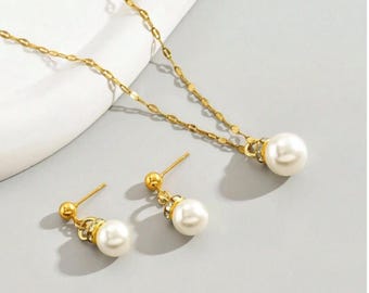 Gold Pearl Jewelry Set | Pearl Bridal Jewelry Set | Bridesmaid Jewelry Set | Pearl Earrings Dangle | Gold Pearl Necklace for Women