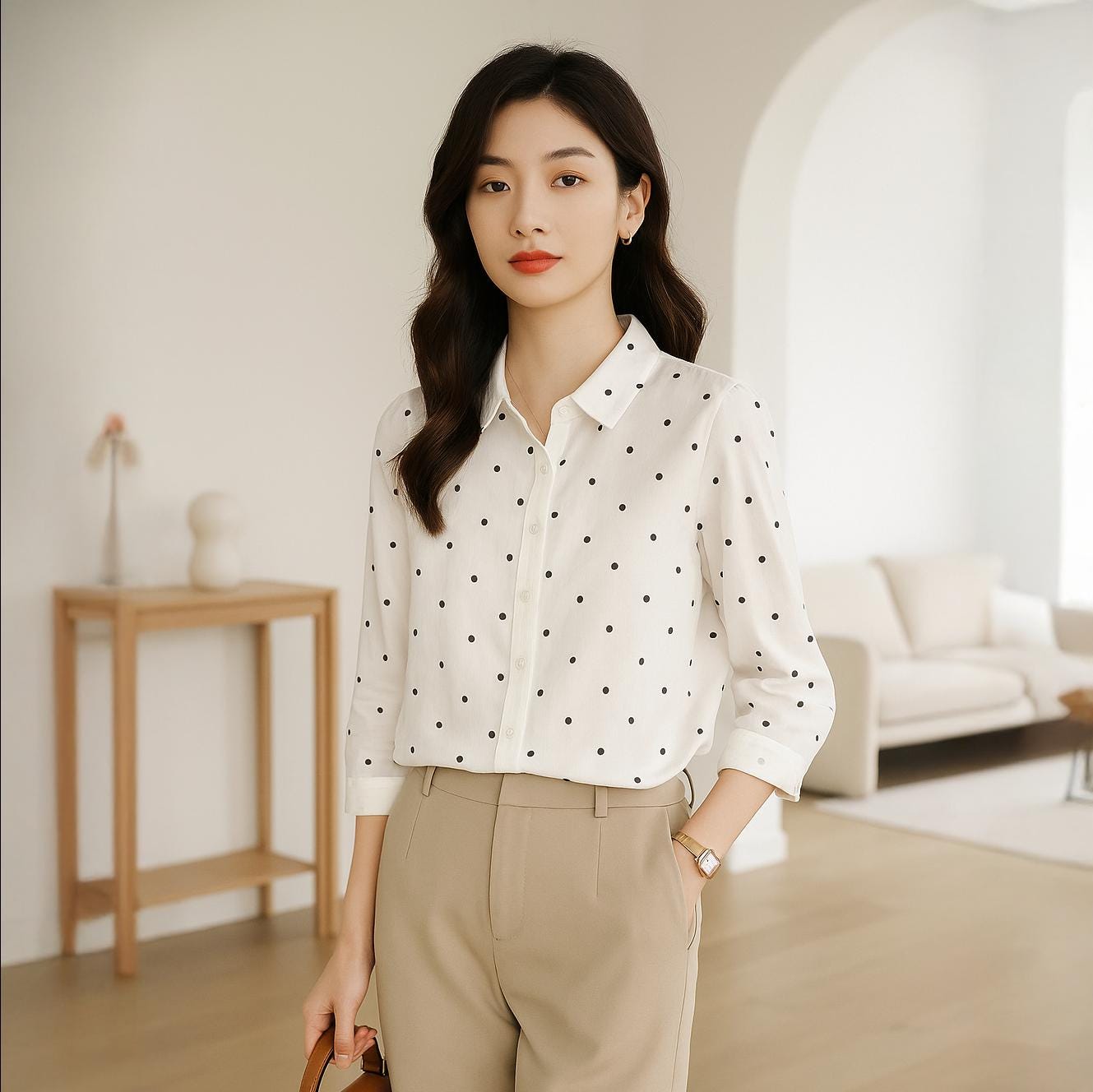 Women's Polka Dot 3/4 Sleeve Tunic Top – V-Neck Roll Sleeve Blouse, Vintage Business Casual - View #7