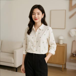 Leaf Wildflower Button-Up Shirt | Long & Cropped Sleeve Blouse | Floral Casual Shirt | Nature Shirt | Womans Blouse | Womans White Shirt
