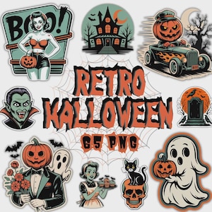 65 Vintage Halloween Aufkleber Clipart Bundle, süßes Halloween PNG Bundle, wählerische Schnitte, Clipart für Scrapbooks, gruselige Journal Kürbisse Hexen