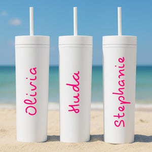 Custom white water bottle tumbler cup with straw, island white cup, Vacation Cup, Villa cup, pink love tropical island cup, white cup name