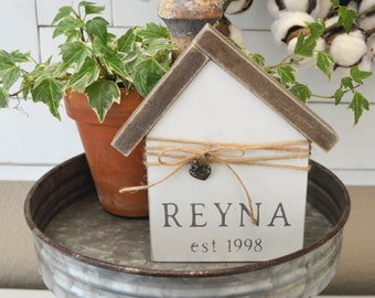 Small Wood House - Mini House - Tiered Tray Farmhouse Decor - Family Name Sign