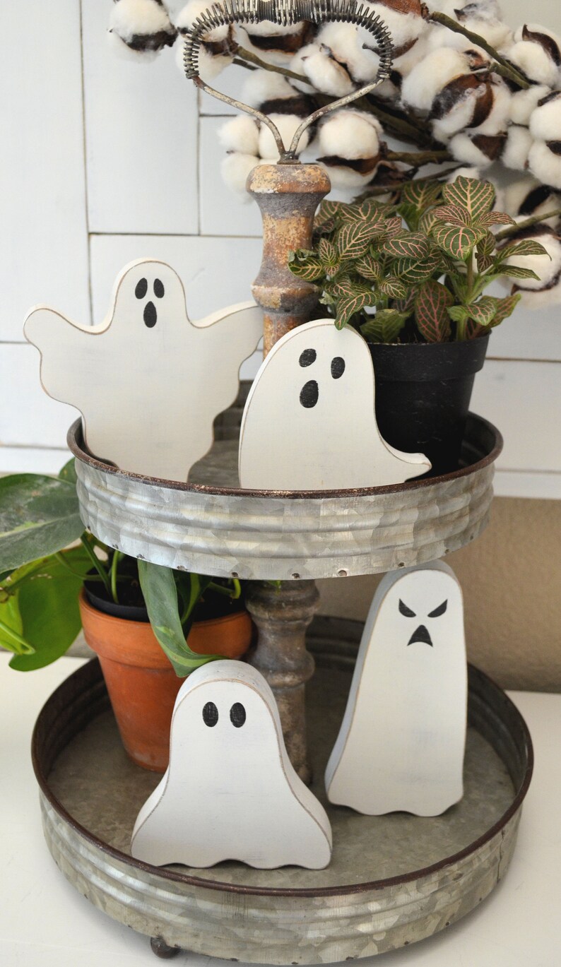 Wooden Ghosts Wood Ghost Tiered Tray Halloween Decor Etsy