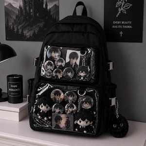Schwarzer Ita-Bag-Rucksack, Anime-Pin-Aufbewahrungstasche, Rucksack mit Sichtfenster, Kawaii-Goth-Ita-Bag, K-Pop-Fotokartenhalter, Plüschtier-Aufbewahrungstasche
