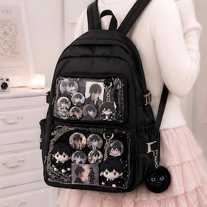 Zwarte Ita Bag rugzak, tas voor anime-speldjes, rugzak met transparant venster, kawaii gothic Ita Bag, Kpop fotokaarthouder, tas voor knuffels
