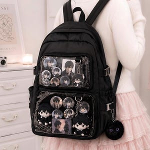 Schwarzer Ita-Bag-Rucksack, Anime-Pin-Aufbewahrungstasche, Rucksack mit Sichtfenster, Kawaii-Goth-Ita-Bag, K-Pop-Fotokartenhalter, Plüschtier-Aufbewahrungstasche