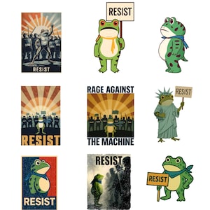 Op de afbeelding: Collectie illustraties met cartoonkikkers in protestthema's. De afbeeldingen tonen kikkers die borden vasthouden met de tekst "RESIST" en "RAGE AGAINST THE MACHINE". Het artwork gebruikt een vintage posterstijl met gedurfde kleuren en tekst.