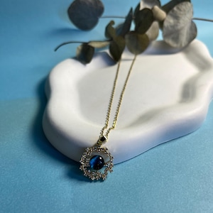 Dainty Gold Planet Necklace | Blue Crystal Gemstone | Celestial Space Jewelry | Astrology Pendant