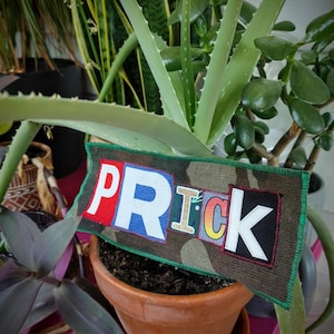 May include: A rectangular patch with the word "PRICK" in white, red, blue, and gold lettering. The patch has a camouflage background and a green border. The patch is placed in a terracotta pot with a plant.