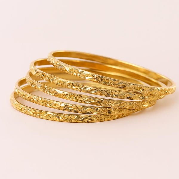 18K Gold Filled Bangle Set, Boho Stackable Bangles (Set of 5)
