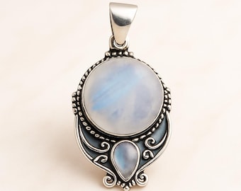 Rainbow Moonstone Sterling Silver Pendant, Oxidized Boho Jewelry