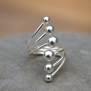Sterling Silver Six Ball Ring: Adjustable Boho Stacking Ring