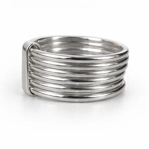 May include: A silver ring with a distinctive design. The ring comprises several parallel bands, joined by a vertical bar. The bands are smooth and polished, giving a modern, minimalist look. The ring is likely made of a metal such as stainless steel or sterling silver.