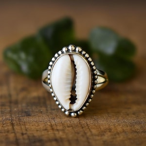 Op de afbeelding: Een zilveren ring met een ovale kaurischelp. De schelp is crèmekleurig met een donkerbruine spleet. De ring heeft een kralenrand en een gepolijste zilveren band. De ring ligt op een houten oppervlak.