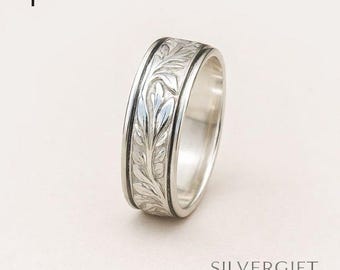 Anillo giratorio de plata de ley grabado, alianza vintage con diseño de vid y flores oxidadas.