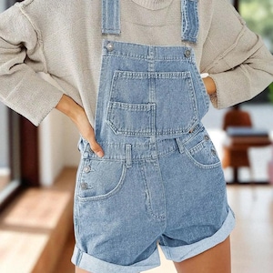 Vintage Denim Short Overall Romper | Women’s Y2K Loose Fit Jean One-Piece | Adjustable Straps, Button Front, Pockets | 90s Festival Jumpsuit