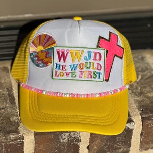 Girlie trucker hat with iron on patches, faith-based, positive affirmations