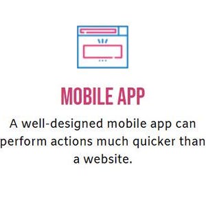 Pode incluir: Ilustração com o texto "MOBILE APP". A imagem inclui um gráfico de uma interface de aplicativo móvel em azul e rosa. O texto abaixo afirma que um aplicativo móvel bem projetado executa ações muito mais rápido do que um site.