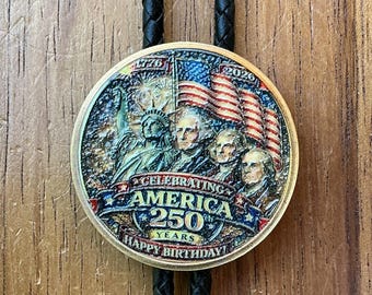 Patrotic USA 250 Anniversary Bolo Tie: Handcrafted Leather Cord