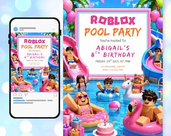 Summer Pool Party Invitation | Editable Pink Roblox Birthday Template | Printable Canva Digital Download