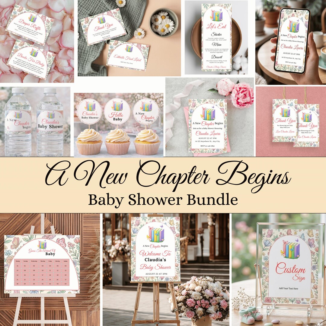 A New Chapter Begins Baby Shower Bundle | Editable Books Invitation ...