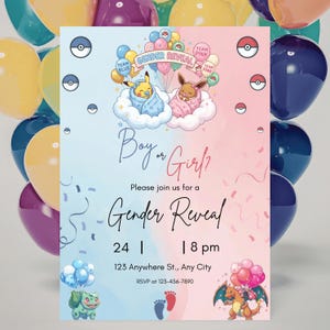 May include: A gender reveal invitation with a blue and pink gradient background. The invitation features cartoon characters, balloons, and the text "Boy or Girl?" and "Gender Reveal". The date and time are also included.