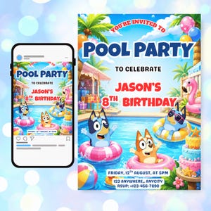 Peut inclure: Une invitation numérique pour une fête à la piscine avec deux chiens de dessin animé bleus et orange dans des bouées roses et jaunes. Le texte indique : YOU'RE INVITED TO POOL PARTY TO CELEBRATE JASON'S 8TH BIRTHDAY, FRIDAY, 12TH AUGUST, AT 5PM.