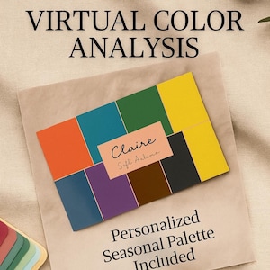 Puede incluir: Una paleta de análisis de color con una variedad de colores, incluyendo naranja, turquesa, verde y amarillo. Se muestra el texto "Virtual Color Analysis" y "Personalized Seasonal Palette Included". Un clip dorado está en la esquina superior izquierda.