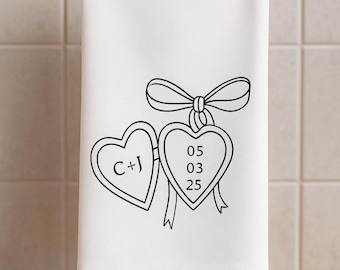 Custom Wedding Tea Towel with Initials & Date, Personalized Couple Gift, Bridal Shower, Anniversary and Engagement Gift, Monogram Locket