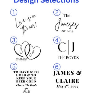 May include: A white graphic displaying six design options for custom products. Text includes phrases such as "Love is in the air!" and names with dates. Other designs feature initials and beer bottle graphics. The title "Design Selections" is in blue.