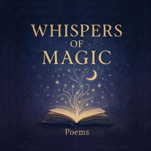 May include: A book cover design with the title "WHISPERS OF MAGIC" in gold lettering. The open book emits glowing lines and stars, with a crescent moon above. The word "Poems" is at the bottom.