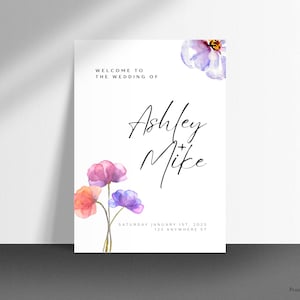 Panneau de bienvenue de mariage floral minimaliste : modèle canva modifiable (téléchargement numérique)