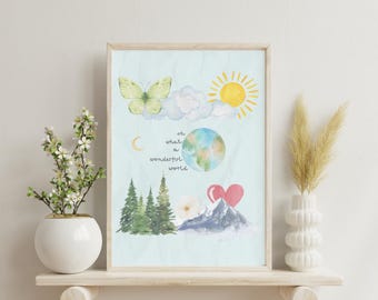 Watercolor Nature Print: Inspirational Quote, Sun, Moon & Mountains