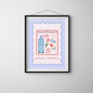 Amsterdam Wall Art Print - Cute Dutch Travel Poster with Tulips, Bicycle & Canal House | Netherlands Nursery Decor | Pastel Europe Travel