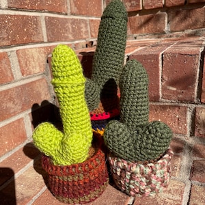 May include: Three handmade crochet cactus plants in decorative pots. The cacti are in shades of green and the pots are in shades of brown, red, and pink. The plants are displayed on a brick surface.