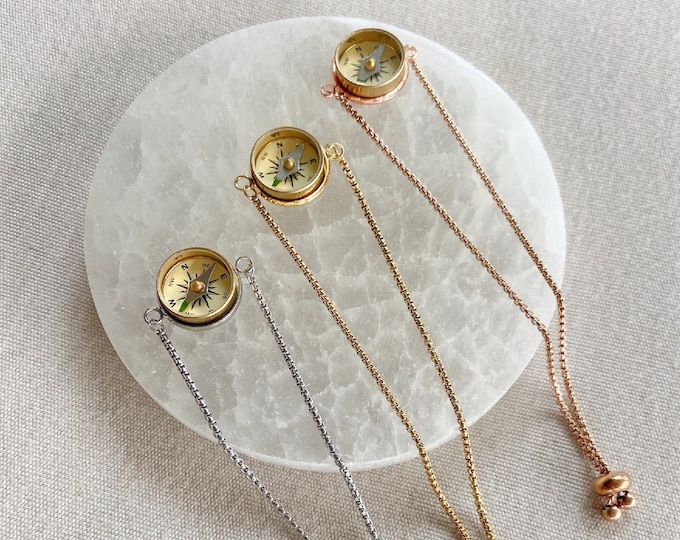 Working Compass Bracelet: gold, silver, and rose gold finish, dainty jewelry, adjustable slider bead chain bracelet