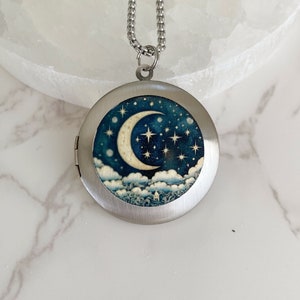 Moon and Stars Photo Locket Necklace, silver picture locket with photos, crescent moon and stars necklace, personalized engraved jewelry