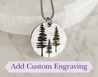 Hammered Pine Tree Necklace, silver tree pendant with custom engraving, personalized unisex jewelry gift