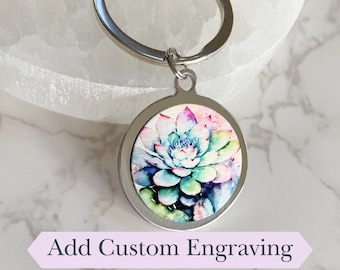 Custom Engraved Succulent Key Chain, personalized stainless steel keychain, purse charm, gift mode