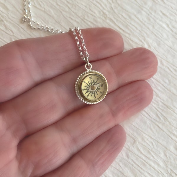 Tiny Sterling Silver Working Compass Necklace, real compass jewelry, functional compass pendant for her, traveler gift