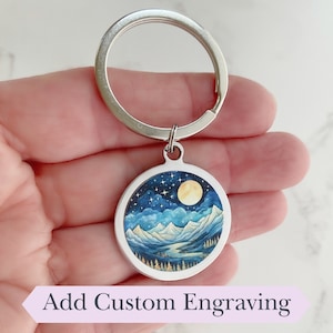 Custom Engraved Moonlit Mountain Key Chain, personalized keychain, purse charm, stainless steel key chain, gift mode image 1