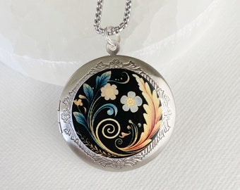 EVELYN Locket - Modern Floral Photo Locket Necklace, silver picture locket with photos, yellow flower pendant, personalized jewelry gift