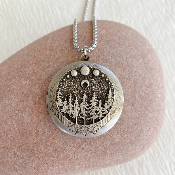 Moonlit Trees Locket Necklace with Photos, custom silver picture locket for man, moon locket, personalized jewelry gift