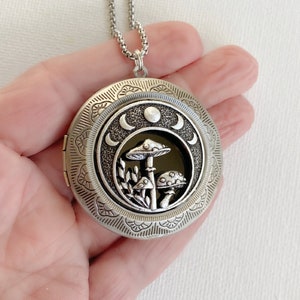 Extra Large Mushrooms and Moon Phase Locket Necklace, silver locket with photos, deep locket, oversized locket, cottagecore jewelry