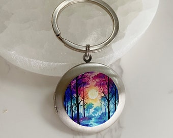 Sunset Locket Key Chain, silver photo locket with pictures, personalized gift, custom engraved locket